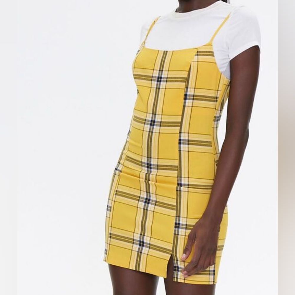 Forever 21 Yellow Plaid 90s Clueless Style Shift Mini Dress, Size M